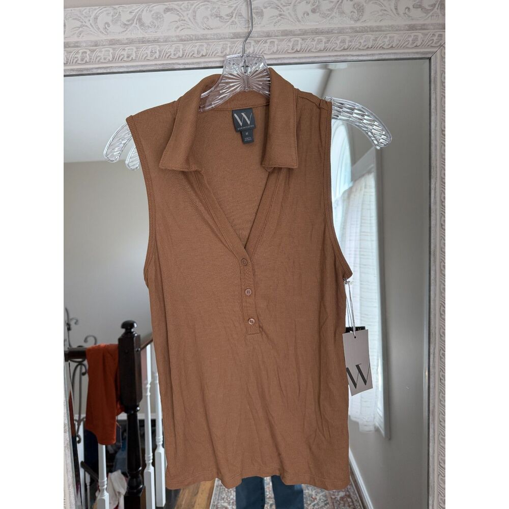NWT Worthington Liz&Co Tan Ribbed Sleeveless Collared Top, Y2K Minimal - Picture 2 of 5